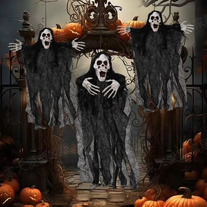 Three hanging skeleton ghosts with black robes and suction cups for Halloween party decor