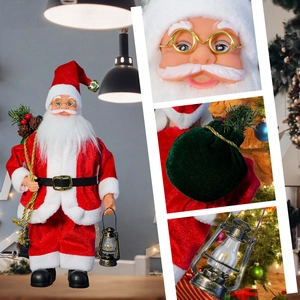 Detail shots of Santa figurine showing face, vintage bronze lantern and green gift bag