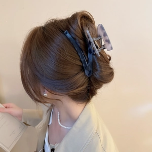Detail view of large tortoiseshell shark hair claw clip styled in an elegant updo