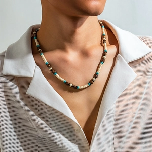 Bohemian surf necklace for men featuring turquoise, coconut shell, and wooden beads