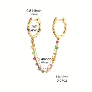 Detail view of gold hoop earrings with colorful zircon chain showing dimensions and weight