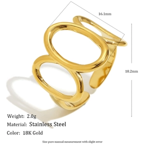 Bague ouverte en acier inoxydable plaqué or 18K avec double ovale ajouré et dimensions