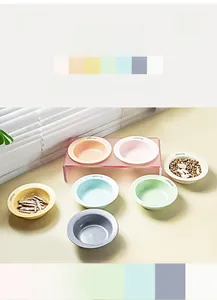 Pink acrylic double stand with macaron ceramic bowls for cats featuring Lovely Cat logo