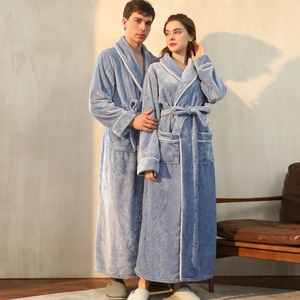 Long Flannel Robe Thick Warm Winter Loungewear Shawl Collar Contrast Piping Sleepwear For Couples Women Men