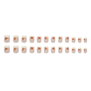 French cream square false nails with orange maple leaf pattern and gold glitter edge