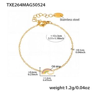 Detailed view of golden stainless steel bracelet with rainbow and cloud oil drip pendant