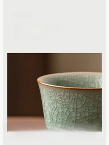Macro shot of celadon ice crackle tea cup showing smooth rust-colored iron rim detail