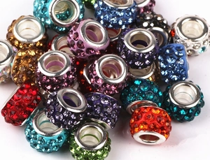 Close-up of colorful 7x12mm rhinestones crystal clay beads with 5mm large holes