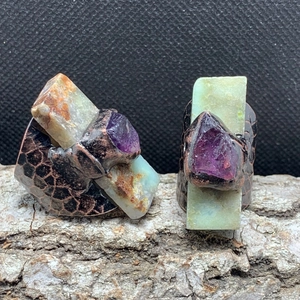 Vintage bronze adjustable rings set with natural amethyst and green jade on bark