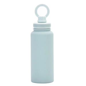 Detail view of mint green stainless steel water bottle with magnetic phone mount handle