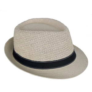 Detail of breathable straw fedora featuring a black ribbon with contrast white stitching