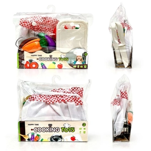 Kids chef role play set with apron hat and plastic fruit cutting toys in clear package