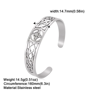 Polished stainless steel Celtic knot open cuff bracelet for women with hollow design