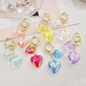 Acrylic Iridescent Double Heart Keychain Creative Gradient Heart Bag Pendant Gold Alloy Clip Car Key Ring Decoration Accessory
