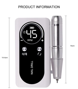Detailed view of white portable nail drill with digital screen showing 45 RPM speed