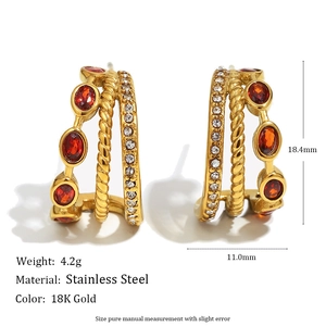18K gold plated stainless steel C-shape earrings with red zircon and crystal accents