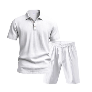 Close-up of white linen Polo shirt and drawstring shorts set with visible texture