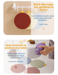 Silicone heat-resistant coasters with hanging hole showing water drainage and storage