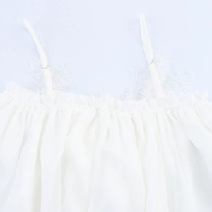 White camisole dress with delicate lace neckline and handmade floral pleats detailing