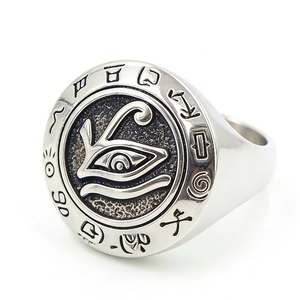 Vintage stainless steel signet ring with engraved Eye of Horus and Egyptian symbols