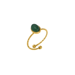 Minimalist 18K gold stainless steel open ring featuring a green oval stone on white background