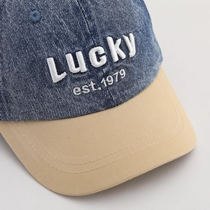 Retro washed denim baseball cap for kids with LUCKY embroidery in navy and khaki