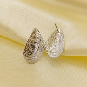Minimalist silver irregular water drop stud earrings with horizontal striped texture
