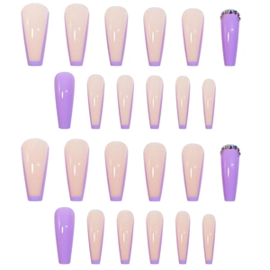 Purple French long ballerina press-on nails with colorful rhinestones set of 24pcs