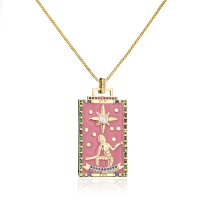 Detail of 18K gold plated Virgo tarot card pendant with pink enamel and crystals