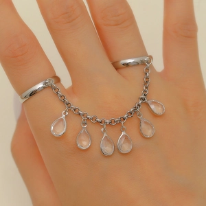 Water drop tassel chain double finger ring in silver finish for women on model