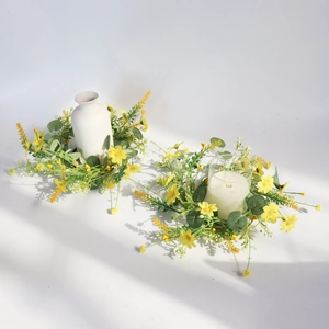 Artificial Yellow Daisy Eucalyptus Candle Ring Wreath Satin Plastic Spring Summer Table Wedding Decor