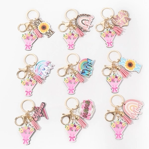 Mother's Day Mom Mama Wooden Keychain With Pink Tassel Floral Leopard Rainbow Pattern Alloy Keyring For Women Jewelry Gift