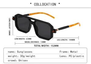 Size guide for double bridge square sunglasses showing frame dimensions and specifications