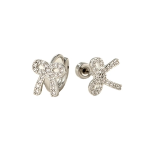 Elegant silver bow stud earrings with zircon inlay and secure screw back closure