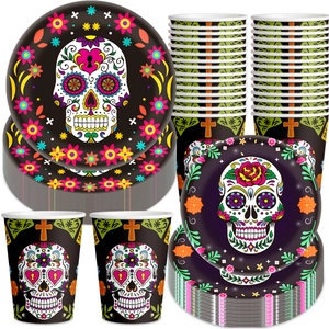 Day of the Dead party tableware set with sugar skull plates and cups for Halloween