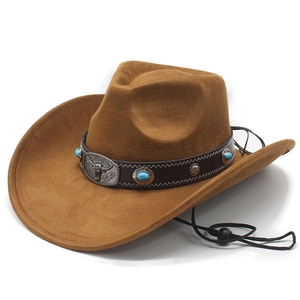 Brown western cowboy hat with bull head metal plate, turquoise beads and wind rope