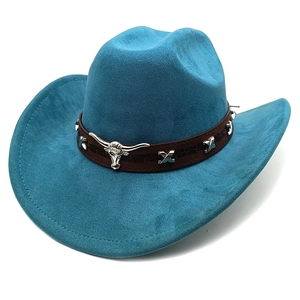 Detail of turquoise suede cowboy hat featuring silver bull head buckle and leather band
