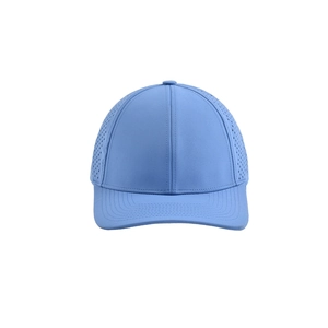 Detail of light blue quick-dry baseball cap with laser-cut side ventilation holes