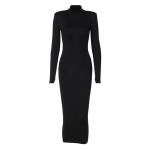 Detail of black mock neck long sleeve bodycon dress showing stretch fabric texture