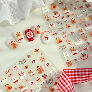 5D embossed Christmas nail stickers featuring cute 3D bears, reindeer and festive patterns