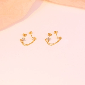 Detail view of S925 silver double chain earrings with square cubic zirconia studs