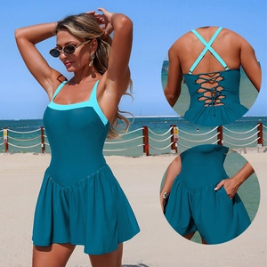Contrast color one-piece swimdress with pleated skirt and side pocket in lake blue
