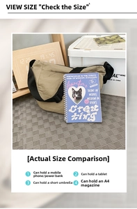 Spacious khaki nylon messenger bag showing capacity for A4 magazines and gadgets