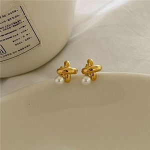 Minimalist 925 sterling silver cross earrings with round white pearls for women