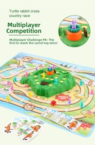 Detail of bunny race board game with 3D hill base, colorful pieces and action cards