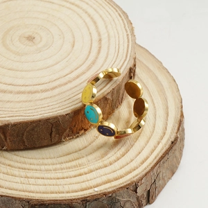 Gold-plated stainless steel open ring with colorful enamel smiley face charms