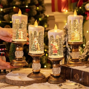 Christmas LED Candle Snow Globe Lamp Music Automatic Snowfall Flickering Flame Vintage Bronze Base Holiday Decorative Light