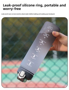 Detail view of large sports water bottle showing leakproof design and time marker scale