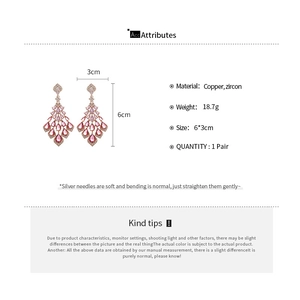 Pink zircon tassel earrings specifications showing 6cm length and copper material info