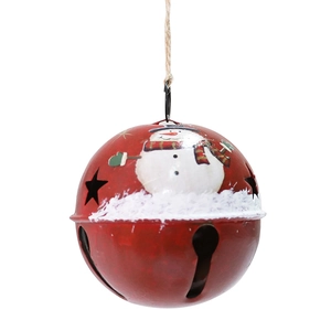 Red spherical metal Christmas bell featuring snowman patterns and star cutouts on white base